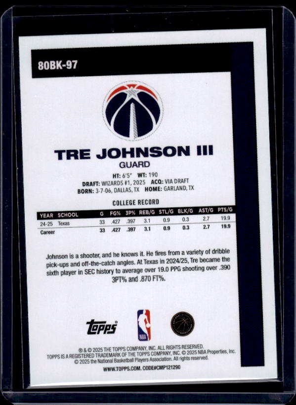 2025-26 Topps #80BK-97 Tre Johnson III 1980-81 Topps Basketball