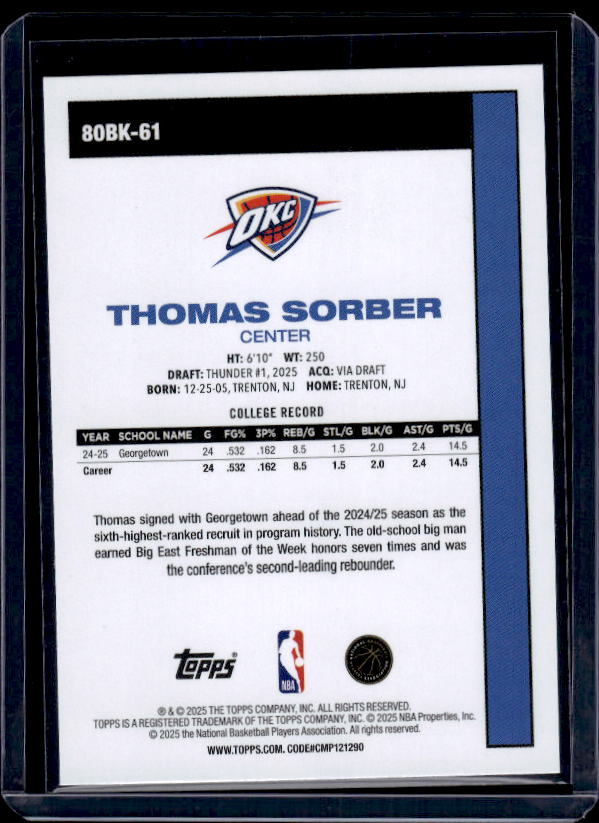 2025-26 Topps #80BK-61 Thomas Sorber 1980-81 Topps Basketball