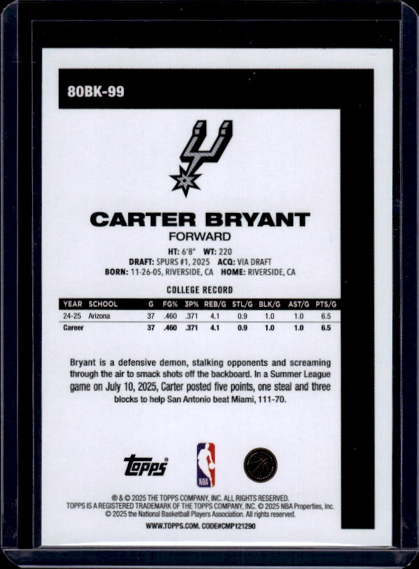 2025-26 Topps #80BK-99 Carter Bryant 1980-81 Topps Basketball Pink Holo Foil