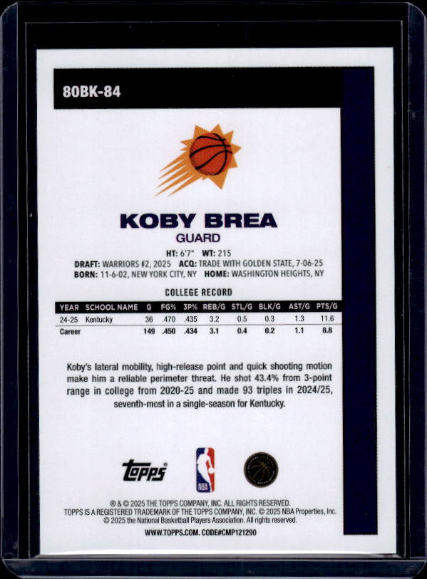 2025-26 Topps #80BK-84 Koby Brea 1980-81 Topps Basketball