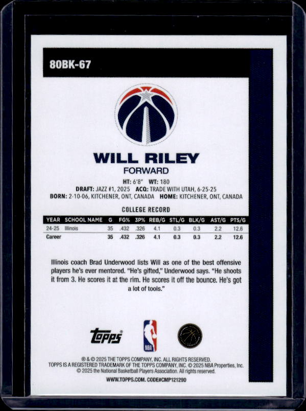 2025-26 Topps #80BK-67 Will Riley 1980-81 Topps Basketball