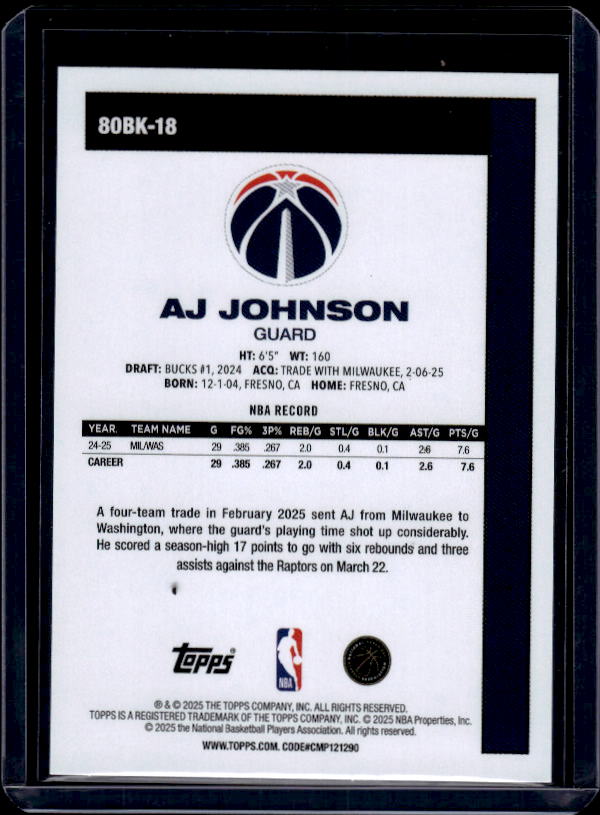 2025-26 Topps #80BK-18 AJ Johnson 1980-81 Topps Basketball