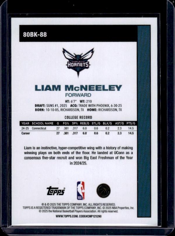 2025-26 Topps #80BK-88 Liam McNeeley 1980-81 Topps Basketball