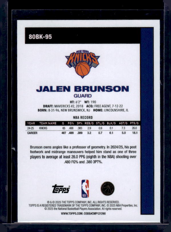 2025-26 Topps #80BK-95 Jalen Brunson 1980-81 Topps Basketball