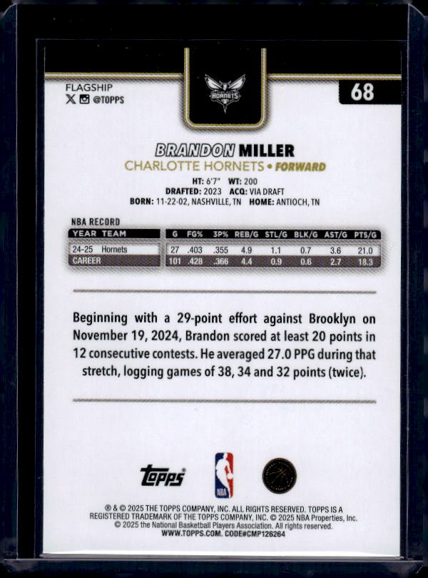 2025-26 Topps #68 Brandon Miller Blackout