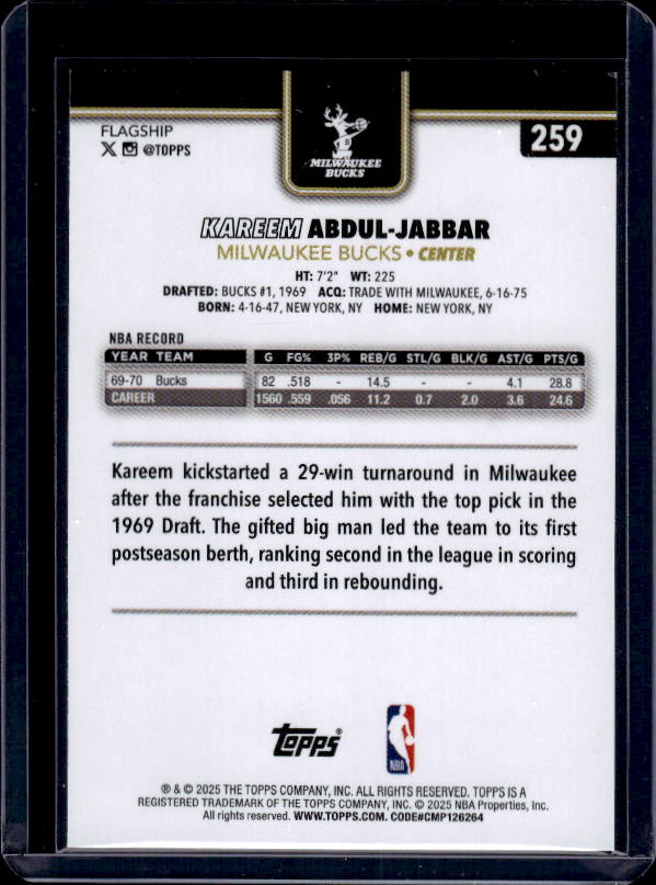 2025-26 Topps #259 Kareem Abdul-Jabbar Blackout