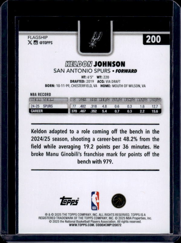 2025-26 Topps #200 Keldon Johnson Rainbow Foilboard