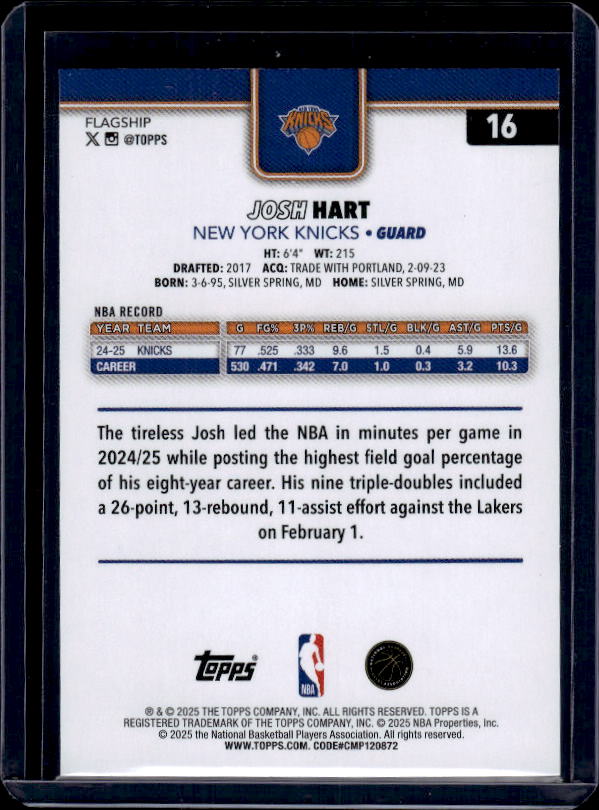 2025-26 Topps #16 Josh Hart Rainbow Foilboard