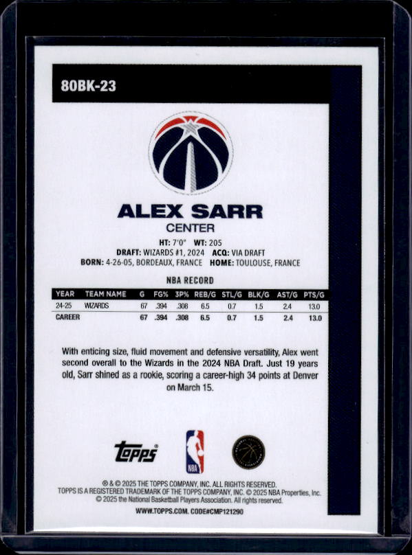 2025-26 Topps #80BK-23 Alex Sarr 1980-81 Topps Basketball