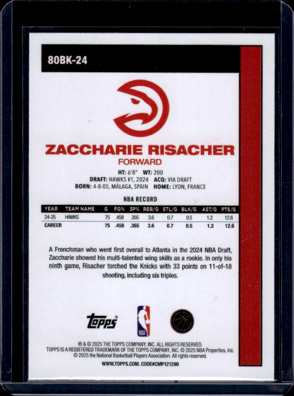 2025-26 Topps #80BK-24 Zaccharie Risacher 1980-81 Topps Basketball