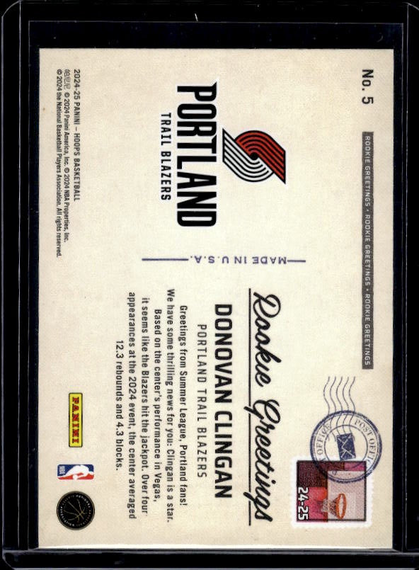 2024-25 Hoops #5 Donovan Clingan Rookie Greetings