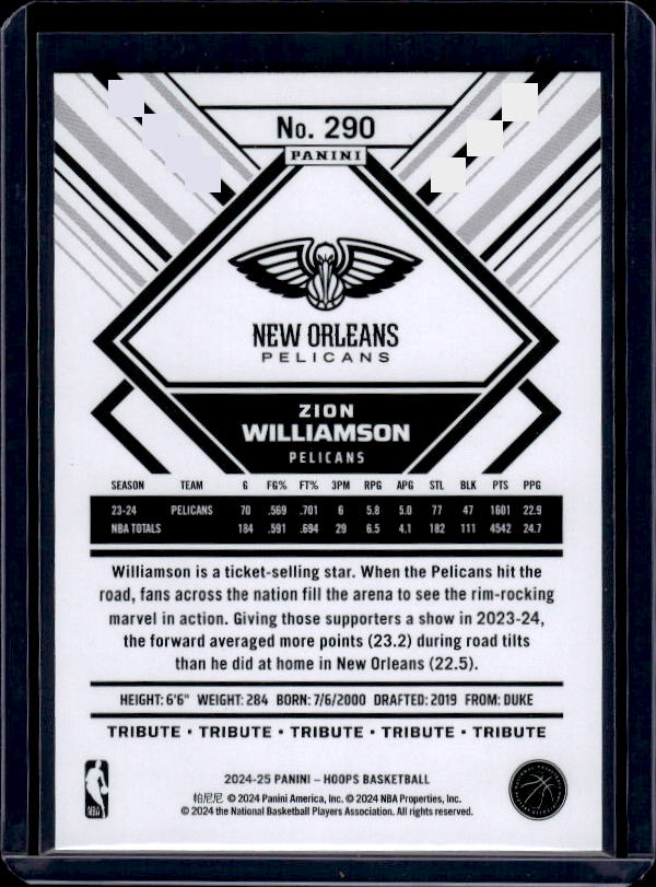 2024-25 Hoops #290 Zion Williamson