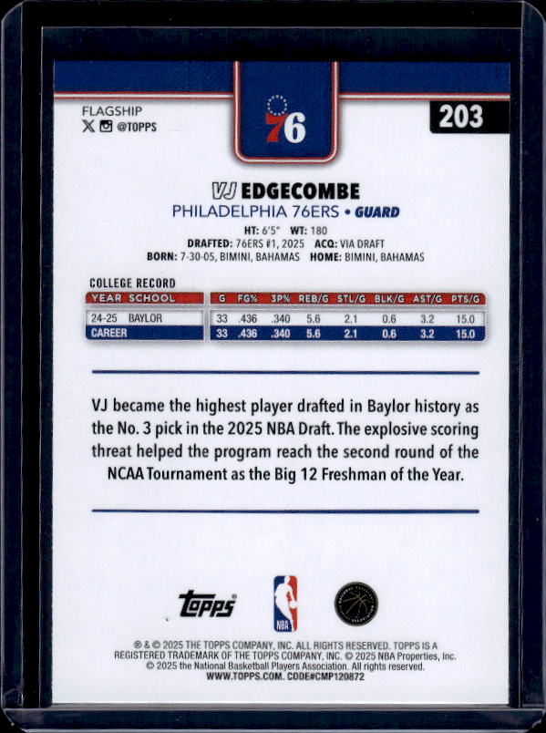 2025-26 Topps #203 VJ Edgecombe