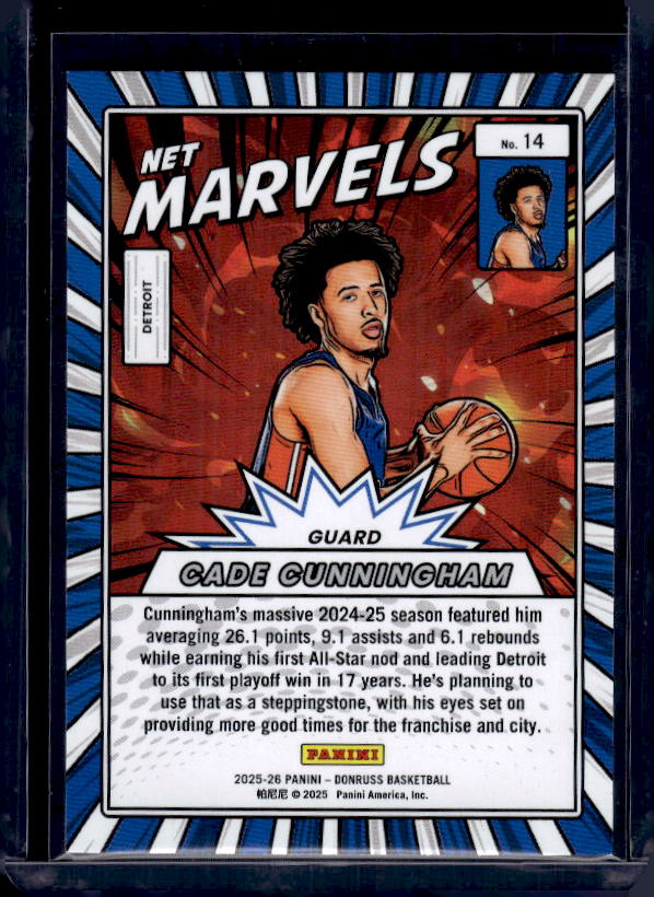 2025-26 Donruss #14 Cade Cunningham Net Marvels Holo Green Laser