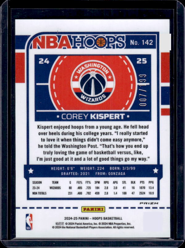 2024-25 Hoops #142 Corey Kispert Premium Prizms Pulsar Red #/199