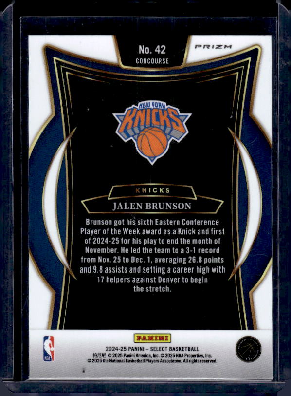 2024-25 Panini Select #42 Jalen Brunson Silver Prizm