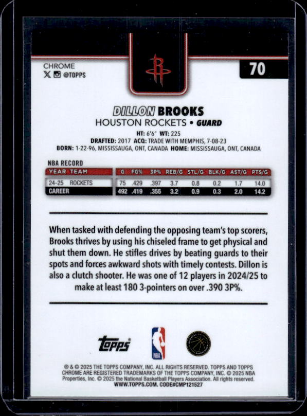 2025-26 Topps Chrome #70 Dillon Brooks Aqua Refractor #/199