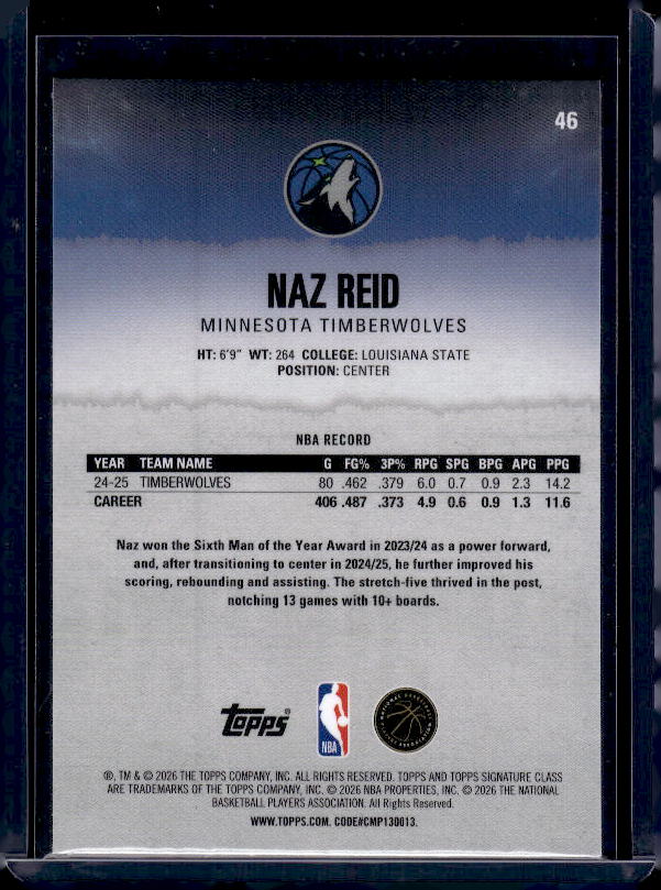2025-26 Topps Signature Class #46 Naz Reid Chrome Pandora Refractors