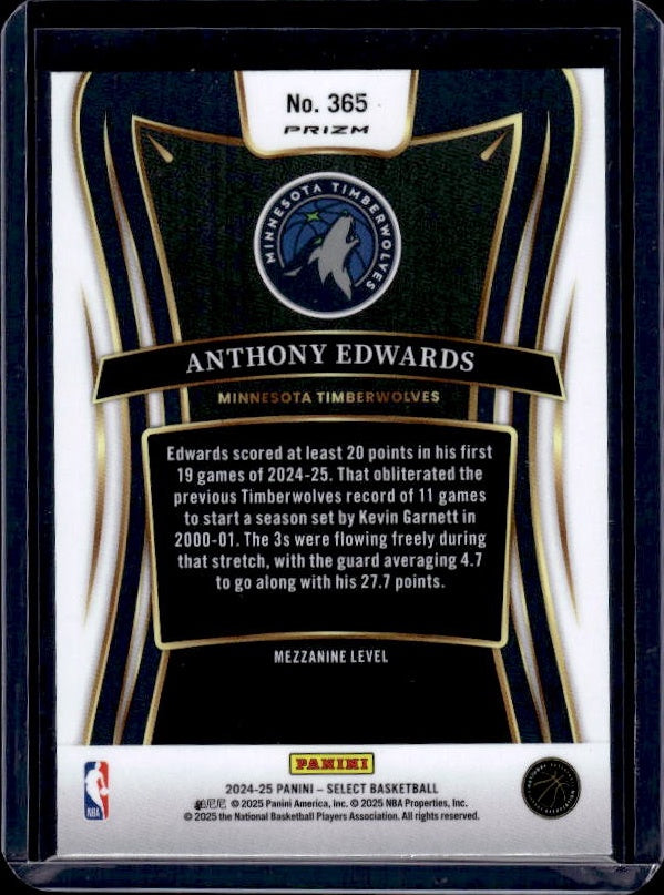 2024-25 Panini Select #365 Anthony Edwards Silver Prizm