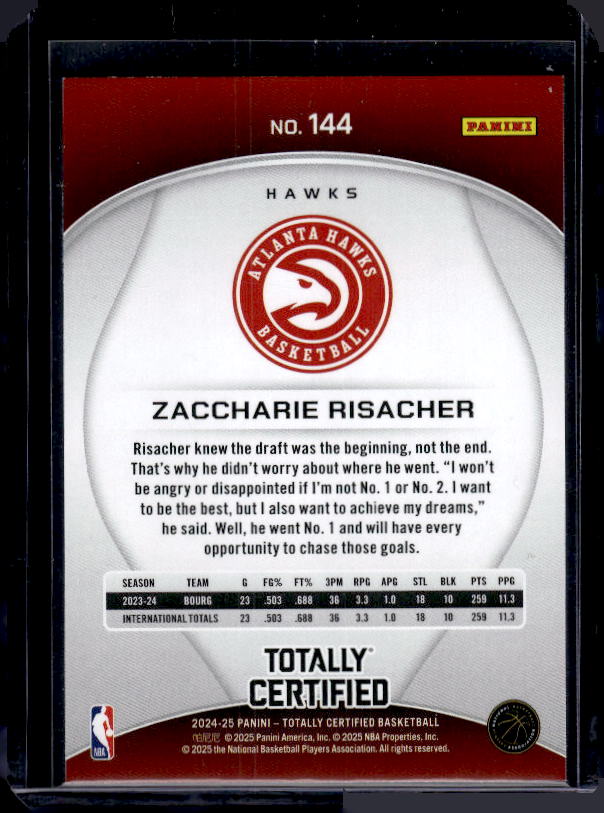 2024-25 Panini Totally Certified #144 Zaccharie Risacher Mirror Bronze