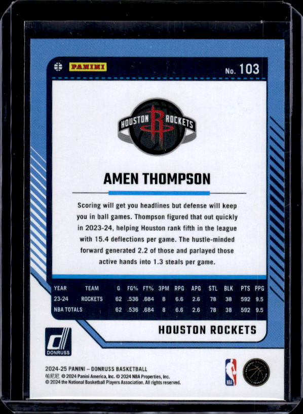 2024-25 Donruss #103 Amen Thompson Holo Green Laser