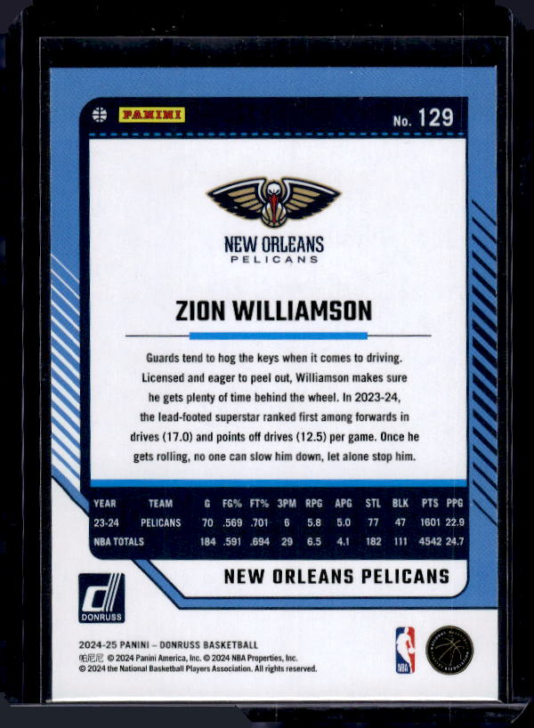 2024-25 Donruss #129 Zion Williamson Holo Green Laser