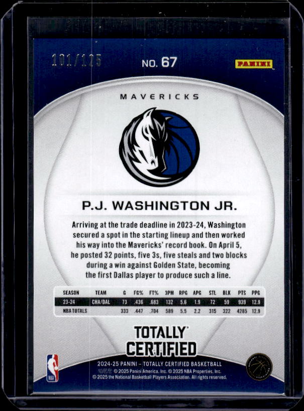 2024-25 Panini Totally Certified #67 P.J. Washington Jr. Mirror Pink #/125