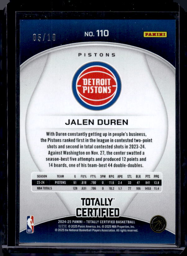 2024-25 Panini Totally Certified #110 Jalen Duren Mirror Gold #/10