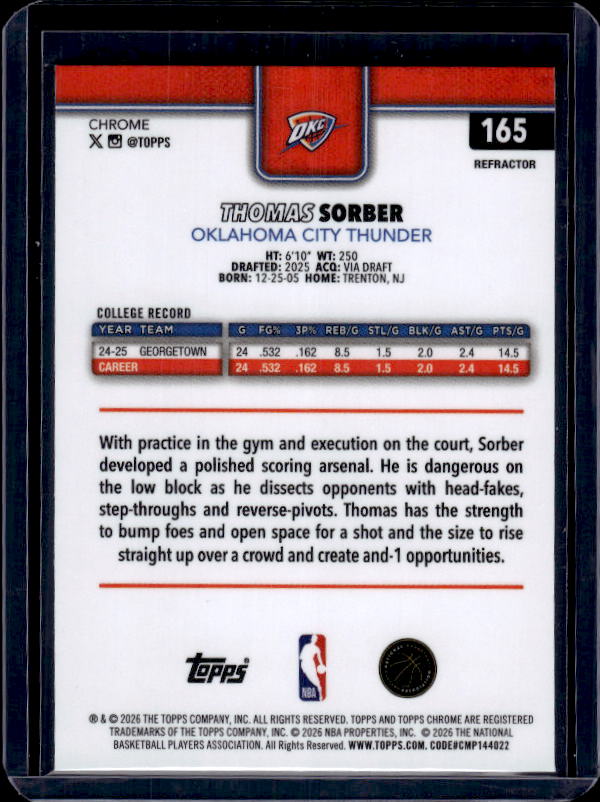 2025-26 Topps Chrome Update #165 Thomas Sorber Refractor