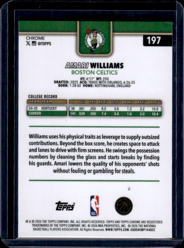 2025-26 Topps Chrome Update #197 Amari Williams Refractor