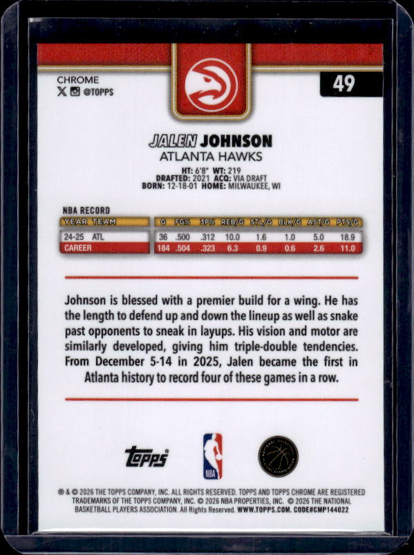 2025-26 Topps Chrome Update #49 Jalen Johnson RayWave