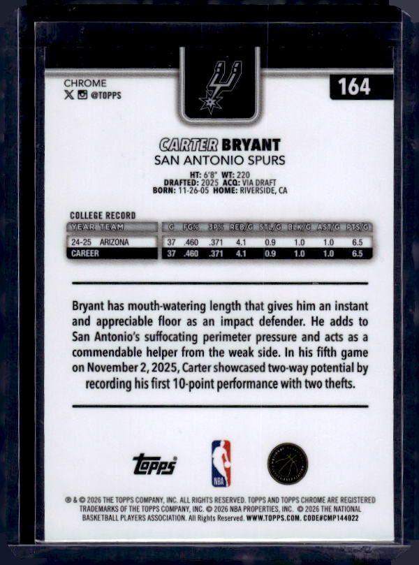 2025-26 Topps Chrome Update #164 Carter Bryant RayWave