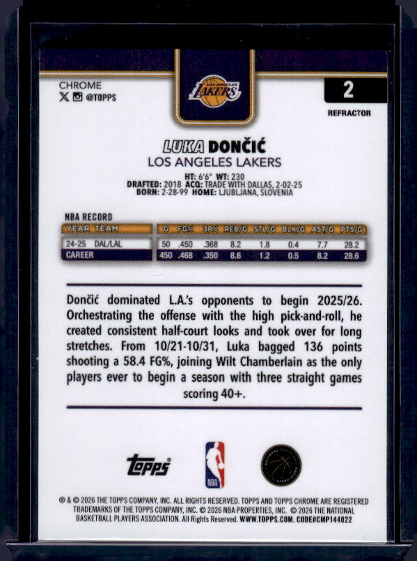 2025-26 Topps Chrome Update #2 Luka Dončić Refractor