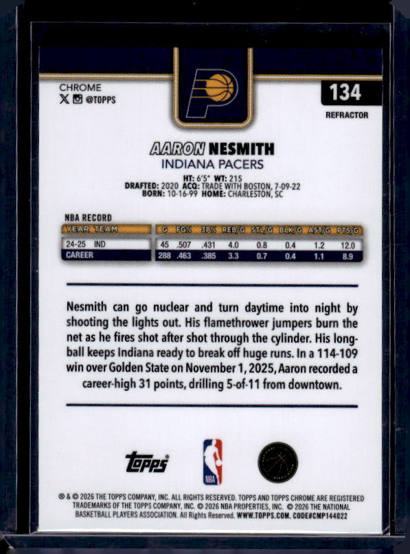 2025-26 Topps Chrome Update #134 Aaron Nesmith Refractor