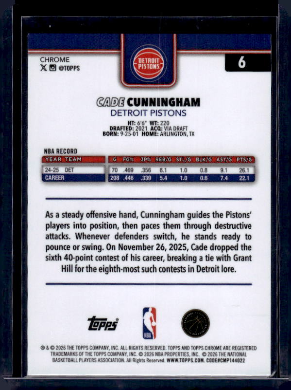 2025-26 Topps Chrome Update #6 Cade Cunningham X-Fractor