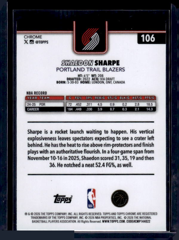 2025-26 Topps Chrome Update #106 Shaedon Sharpe X-Fractor
