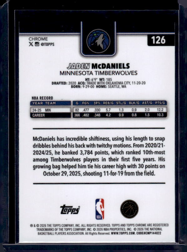 2025-26 Topps Chrome Update #126 Jaden McDaniels X-Fractor