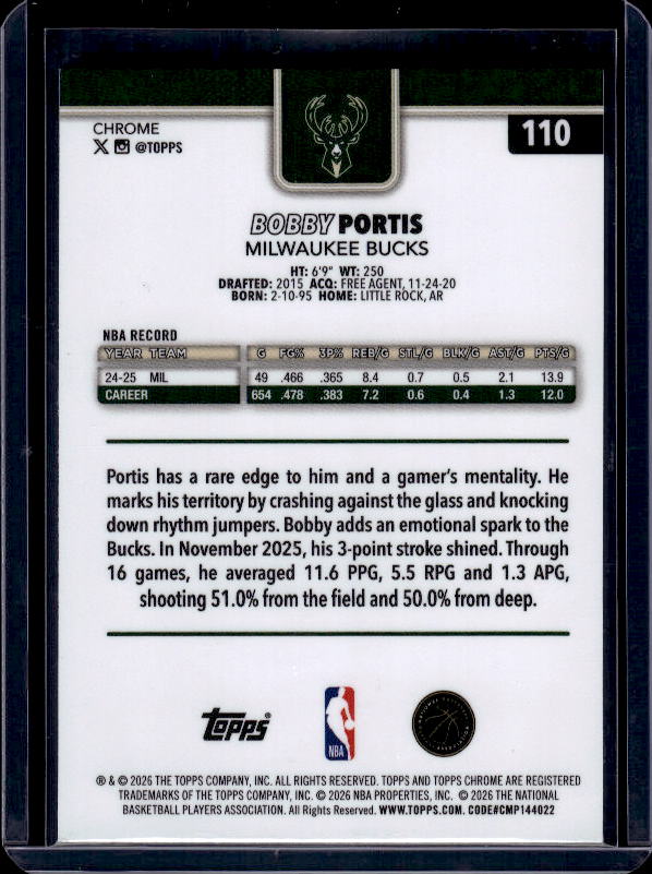 2025-26 Topps Chrome Update #110 Bobby Portis X-Fractor