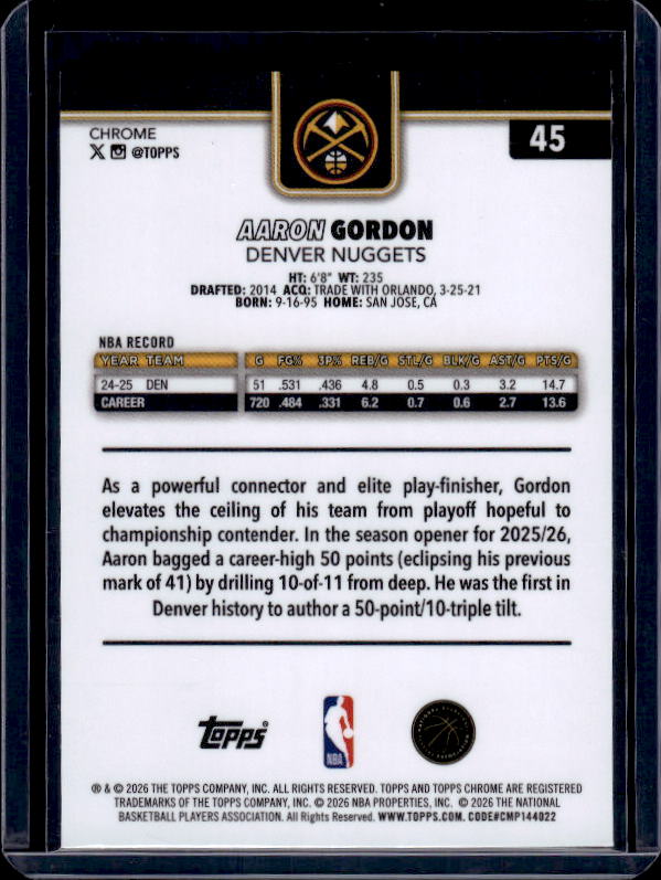 2025-26 Topps Chrome Update #45 Aaron Gordon Red, White, & Blue