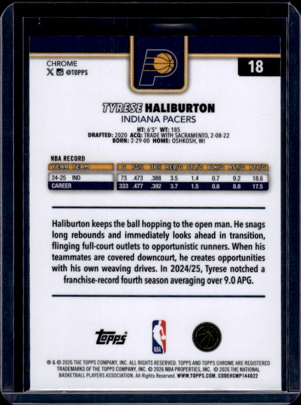 2025-26 Topps Chrome Update #18 Tyrese Haliburton Red, White, & Blue