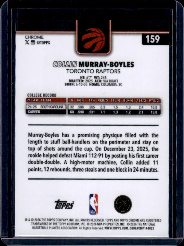 2025-26 Topps Chrome Update #159 Collin Murray-Boyles Refractor