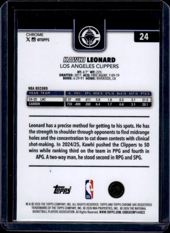 2025-26 Topps Chrome Update #24 Kawhi Leonard X-Fractor