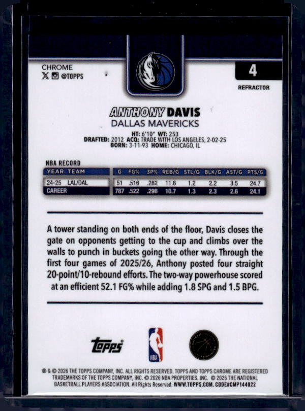 2025-26 Topps Chrome Update #4 Anthony Davis Refractor