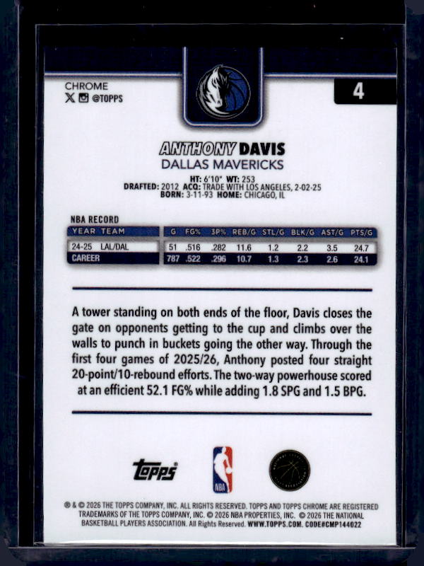 2025-26 Topps Chrome Update #4 Anthony Davis X-Fractor