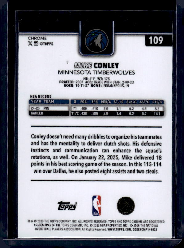 2025-26 Topps Chrome Update #109 Mike Conley X-Fractor