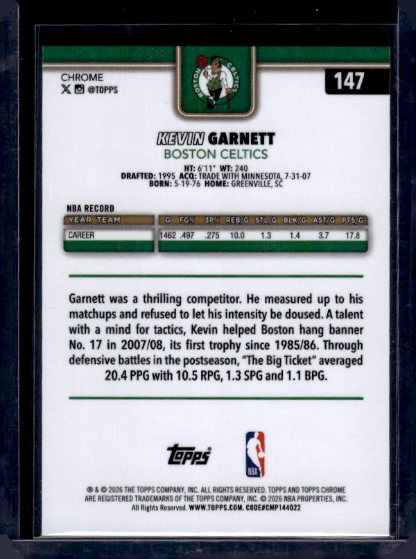 2025-26 Topps Chrome Update #147 Kevin Garnett X-Fractor