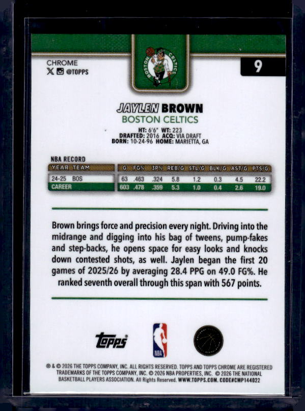 2025-26 Topps Chrome Update #9 Jaylen Brown X-Fractor