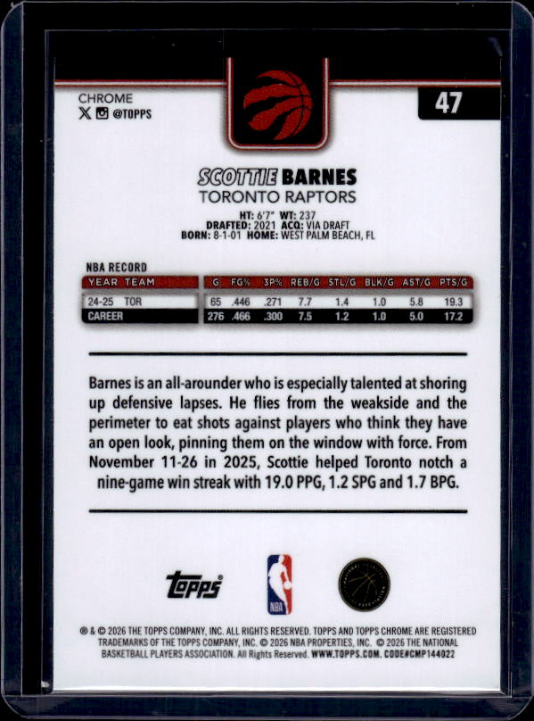 2025-26 Topps Chrome Update #47 Scottie Barnes X-Fractor