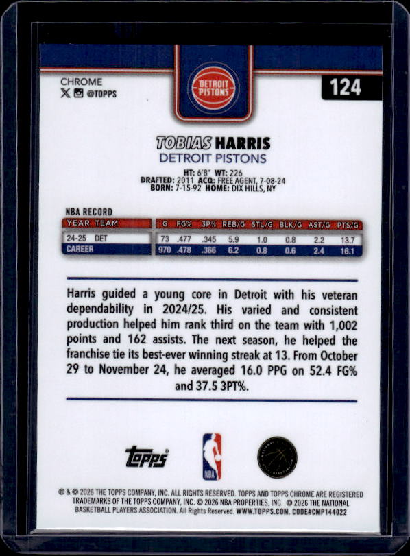 2025-26 Topps Chrome Update #124 Tobias Harris X-Fractor