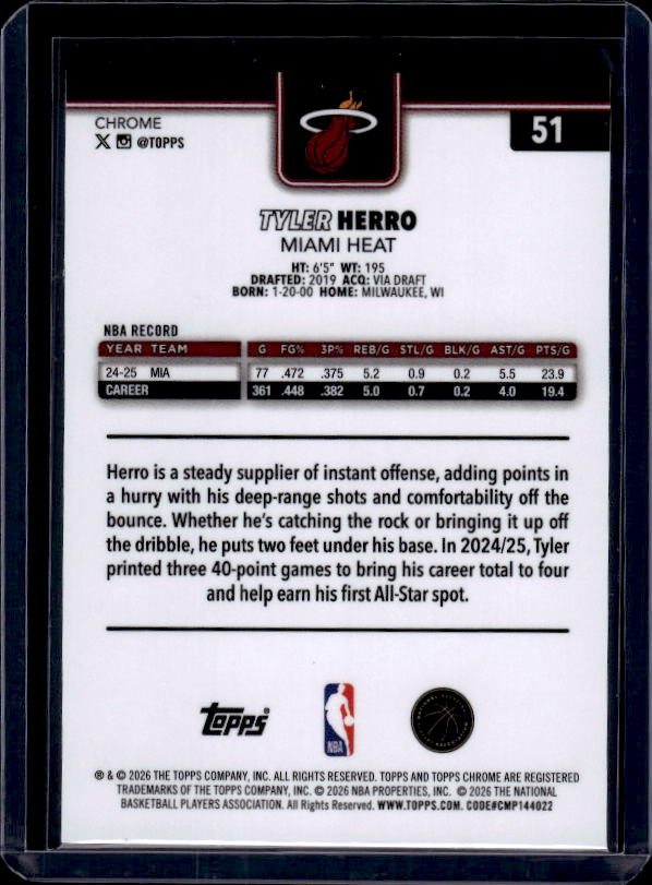 2025-26 Topps Chrome Update #51 Tyler Herro X-Fractor
